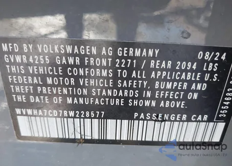 2024 Volkswagen Golf Gti 2.0T 380 S из США, поврежденный, VIN WVWHA7CD7RW228577